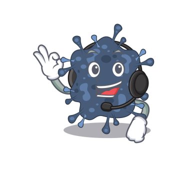 Harika bir bakteri maskot karakteri konsepti kulaklık takıyor.