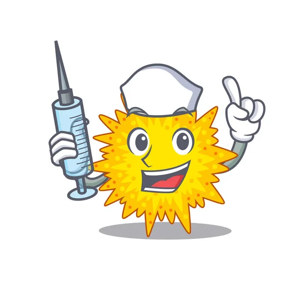 A nice nurse of mycoplasma mascot design concept with a syringe — Stock Vector