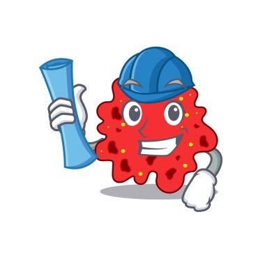 Streptokok pnömoniae 'nin çizgi film karakteri mavi izli ve mavi kasklı zeki mimar. Vektör illüstrasyonu