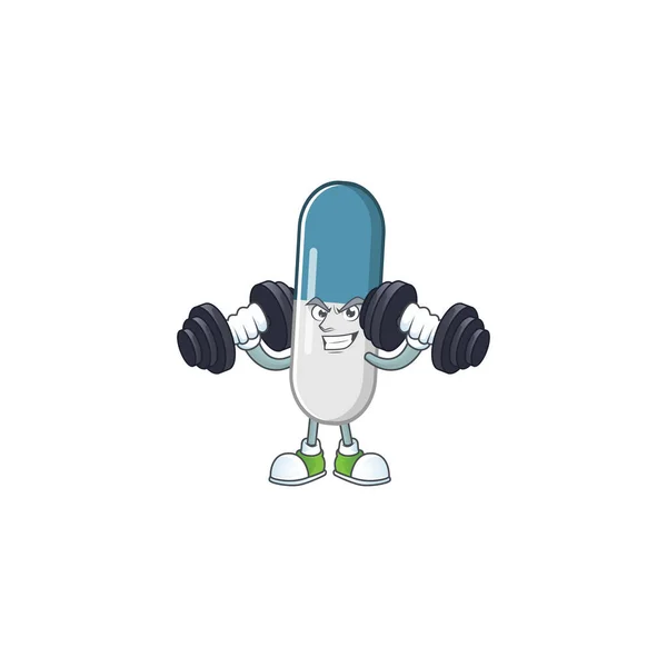 Fitness motion vitaminpiller tecknad karaktär med hjälp av skivstång — Stock vektor