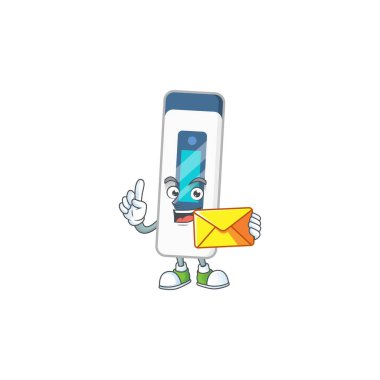 Şirin yüz dijital termometre maskot tasarımı kahverengi zarf getirir