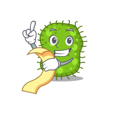 Escherichia maskot tasarımı ve elinde menü var.