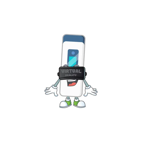 Een cartoon mascotte van digitale thermometer genieten van spel met Virtual reality headset — Stockvector