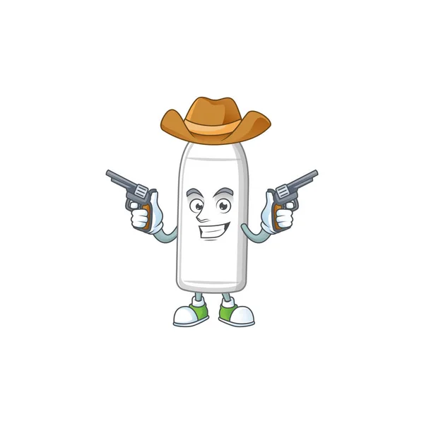 Um personagem de desenho animado cowboy de garrafa de leite segurando armas —  Vetores de Stock