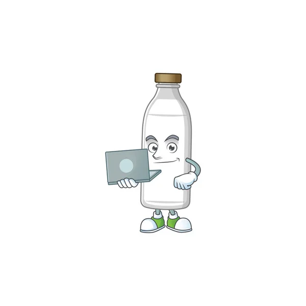 Diligente botella de leche estilo de diseño de la mascota trabajando desde casa con el ordenador portátil — Archivo Imágenes Vectoriales