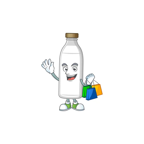 Concepto de personaje de dibujos animados de rica botella de leche con bolsas de compras — Archivo Imágenes Vectoriales