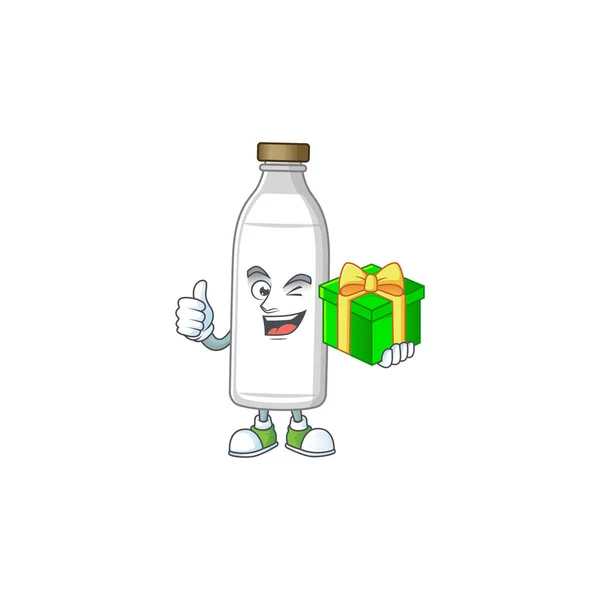 Smiley personaje de dibujos animados botella de leche sosteniendo una caja de regalo — Archivo Imágenes Vectoriales