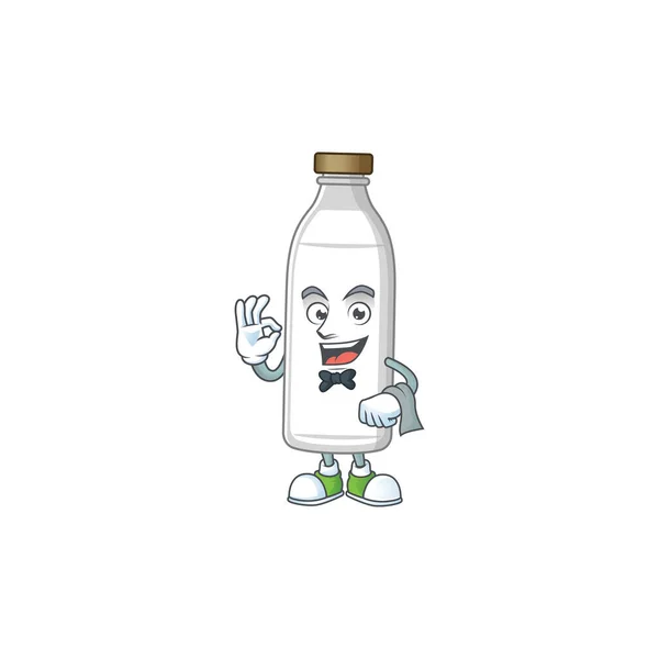 Un personaje de dibujos animados camarero botella de leche listo para servir — Archivo Imágenes Vectoriales