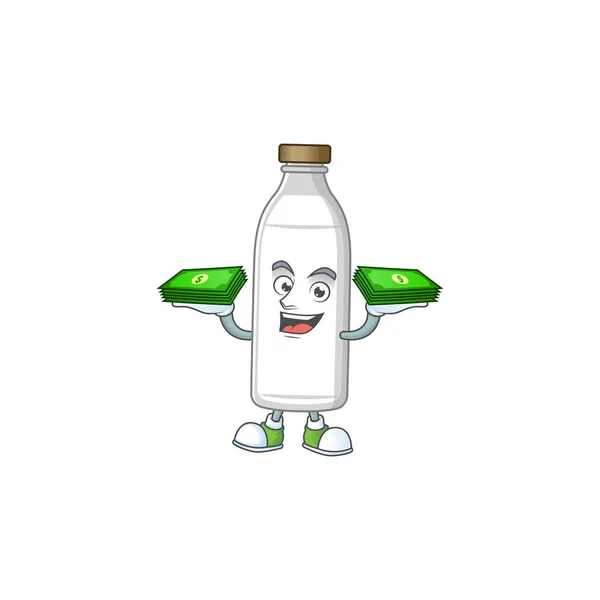 Un alegre diseño de la mascota de la botella de leche con algo de dinero en las manos — Archivo Imágenes Vectoriales