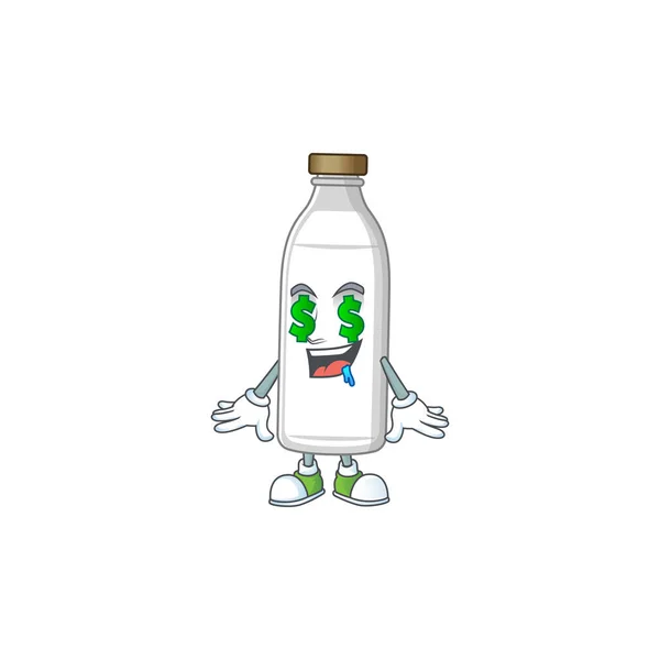 Maskot charakter styl bohaté láhev mléka s penězma očima — Stockový vektor