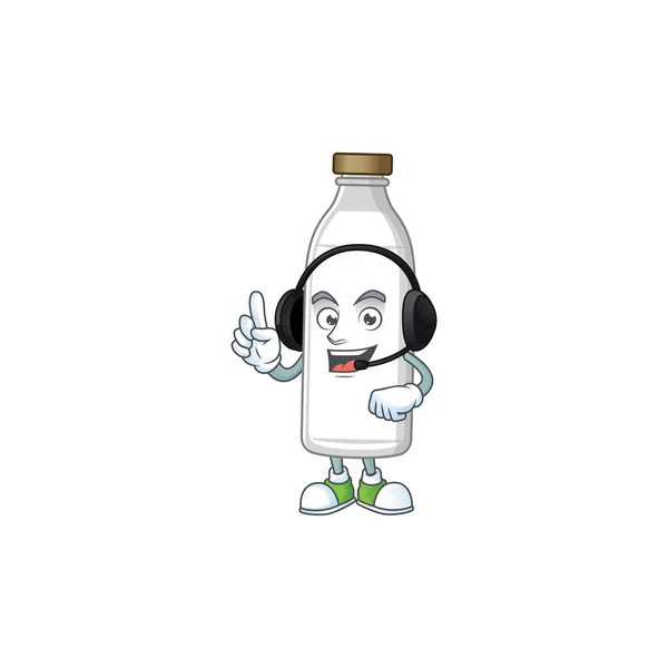 Botella de leche estilo personaje de dibujos animados hablando en los auriculares — Archivo Imágenes Vectoriales
