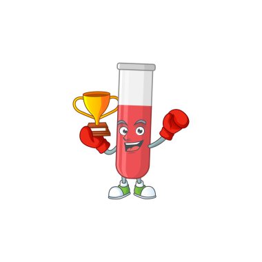 Çizgi film karakter tasarımında sunulan boks şampiyonu kırmızı test tüpünün gururla yüzü