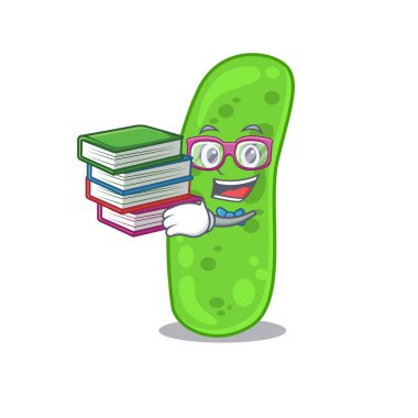 Propioni bacteia maskot tasarımı konusunda çalışkan bir öğrenci ve kitaplar. Vektör illüstrasyonu