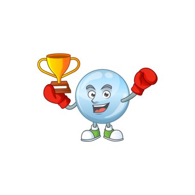 Çizgi film karakter tasarımında sunulan boks şampiyonu kolajen damlacıklarının gururla yüzü