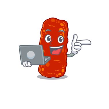 Çizgi film karakteri asinetobacter bakteri zeki öğrenci bir dizüstü bilgisayarla çalışıyor. Vektör illüstrasyonu