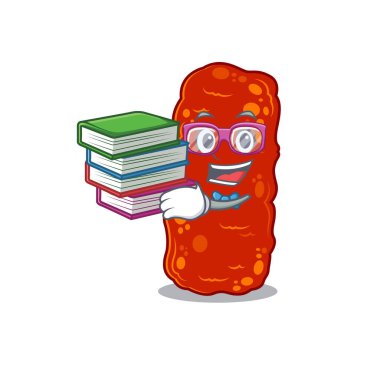 Kitaplarla birlikte asinetobacter bakteri maskotu tasarımı üzerine çalışkan bir öğrenci. Vektör illüstrasyonu