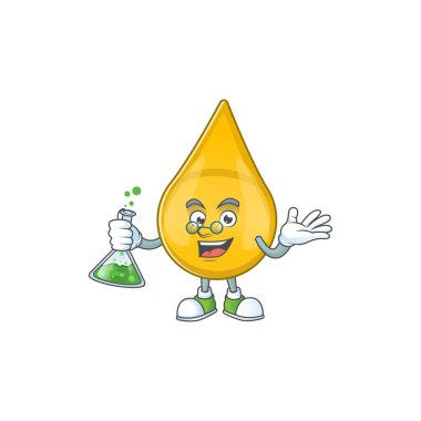 Altın saç serumu dehası Profesör Çizgi Film karakteri elinde cam tüp tutuyor. Vektör illüstrasyonu