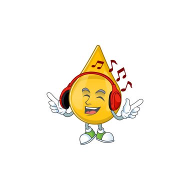 Çizgi film maskot tasarımı altın saç serumu kulaklıklı müzikten zevk alıyor. Vektör illüstrasyonu