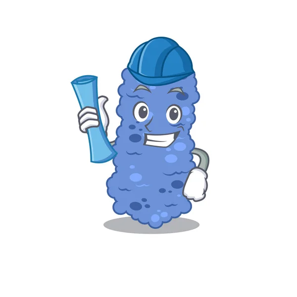 Cartoon Character Burkholderia Bacteria Brainy Architect Blue Prints Blue Helmet — Stock Vector