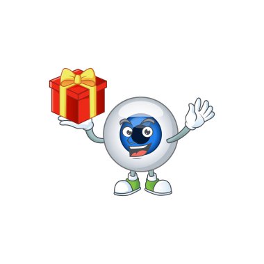 Büyüleyici insan gözü maskotu tasarımının kırmızı bir hediye kutusu var.