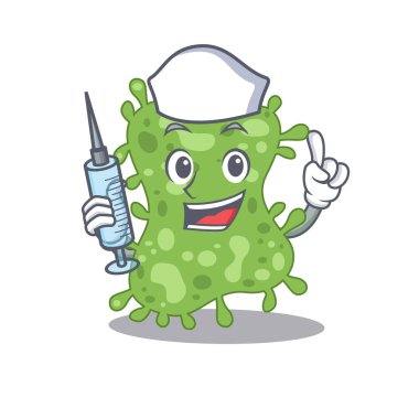 Salmonella enterica maskot tasarımının şırıngalı güzel bir hemşiresi.