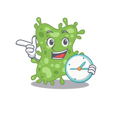 Salmonella enterica maskot tasarımı konsepti saatle gülümsüyor. Vektör illüstrasyonu