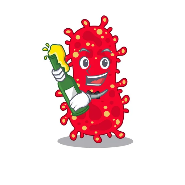 Mascotte de caractère design de moraxella dire acclamations avec bouteille de bière — Image vectorielle
