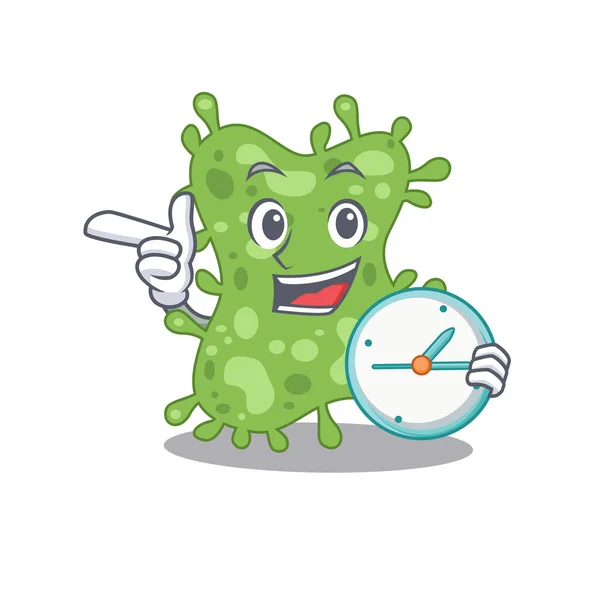 Concepto Diseño Mascota Salmonella Enterica Sonriendo Con Reloj Ilustración Vectorial — Vector de stock