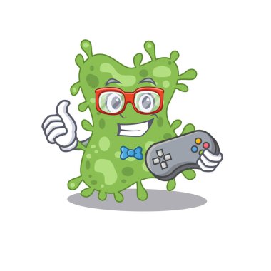 Maskot tasarım konsepti, salmonella enterica oyuncusunun kontrolör kullanması. Vektör illüstrasyonu