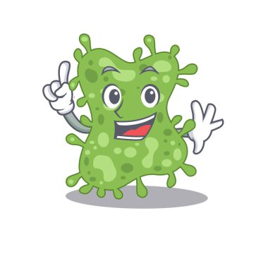 Salmonella enterica maskot tasarımı ve bir parmak hareketi. Vektör illüstrasyonu