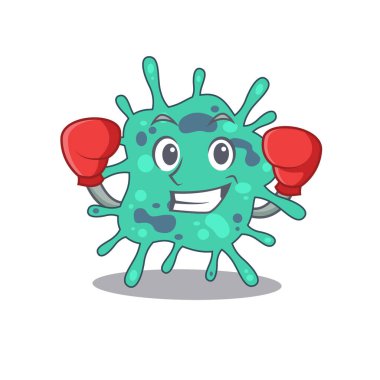 Kırmızı boks eldivenli Shigella Boydii 'nin sportif boks maskotu tasarımı. Vektör illüstrasyonu