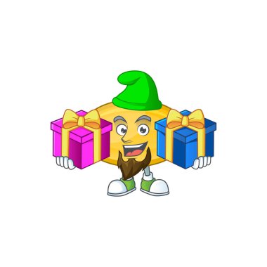 Gülümseyen bir yağ kapsülü çizgi film dizaynı Noel hediyeleri taşıyor