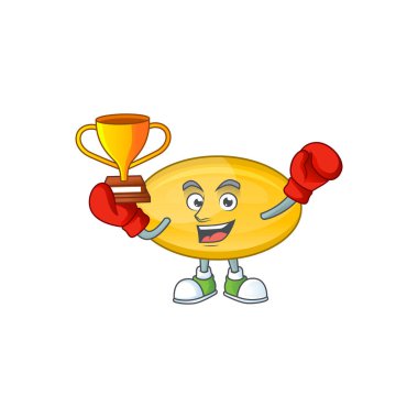 Çizgi film karakter tasarımında sunulan boks şampiyonu yağ kapsülünün gururlu yüzü