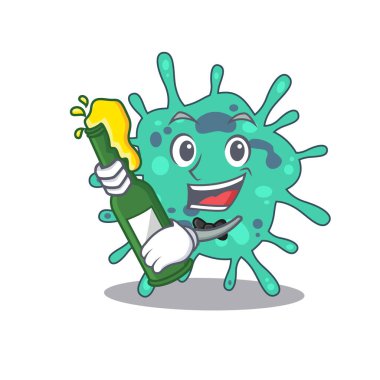 Shigella Boydii 'nin maskot karakter tasarımı bir şişe birayla şerefe diyor. Vektör illüstrasyonu