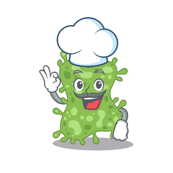 肠系膜沙门氏菌厨师卡通设计风格 头戴白帽 矢量说明 — 图库矢量图片
