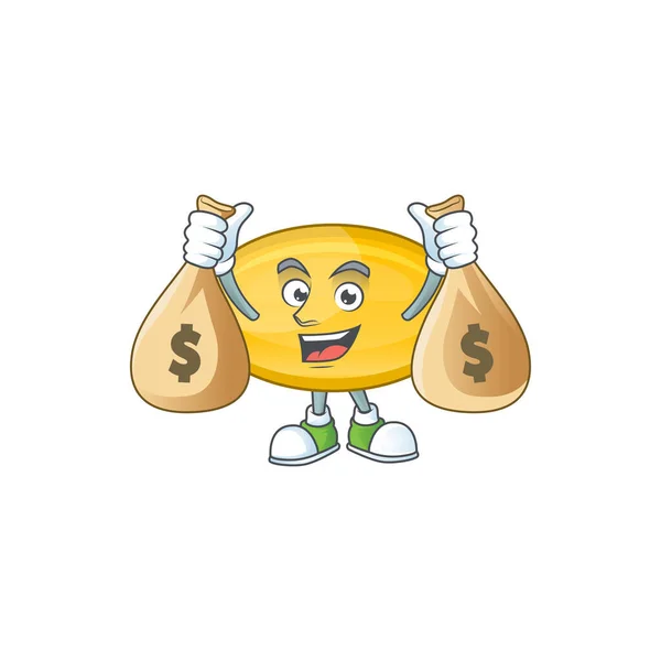 Blissful bohatý olej kapsle karikatura postava s taškami na peníze — Stockový vektor