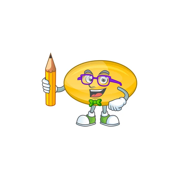 Oil capsule student cartoon character studying with pencil — Stock Vector