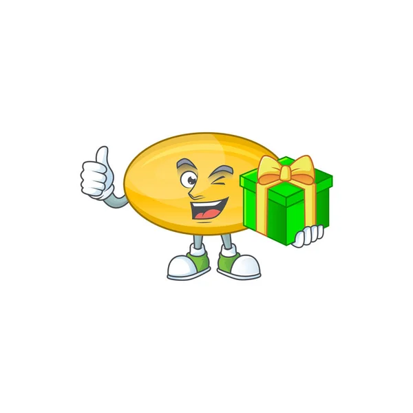 Smiley personaje de dibujos animados cápsula de aceite sosteniendo una caja de regalo — Vector de stock