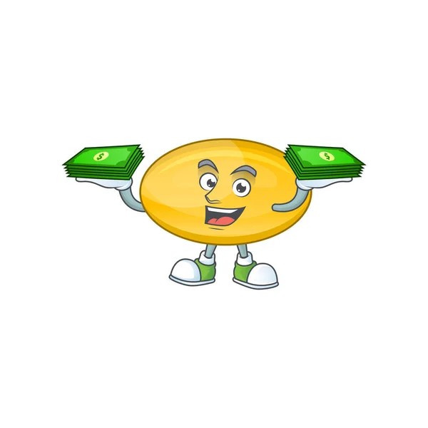 A cheerful oil capsule mascot design with some money on hands — Stock Vector