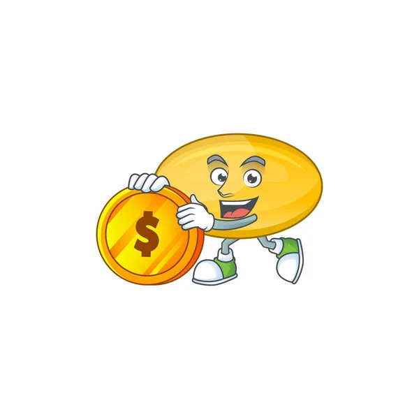 Cápsula de óleo rico personagem de desenho animado tem grande moeda de ouro — Vetor de Stock