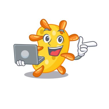 Dizüstü bilgisayarla çalışan zeki Vibrio öğrencisinin çizgi film karakteri. Vektör illüstrasyonu