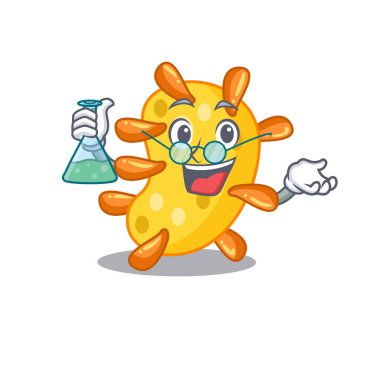 Vibrio akıllı Profesör Çizgi Film tasarımı stili cam tüple çalışıyor. Vektör illüstrasyonu