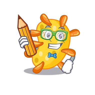 Kalem ve gözlüklü zeki bir öğrenci çizgi film karakteri. Vektör illüstrasyonu