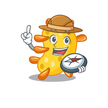 Elinde pusula olan bir vibrio kaşifi maskotu tasarımı. Vektör illüstrasyonu