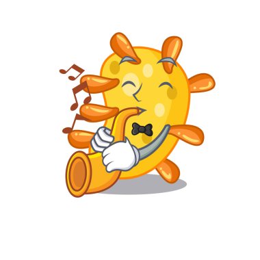 Vibrio çizgi film tasarımında trompet çalan yetenekli bir müzisyen. Vektör illüstrasyonu