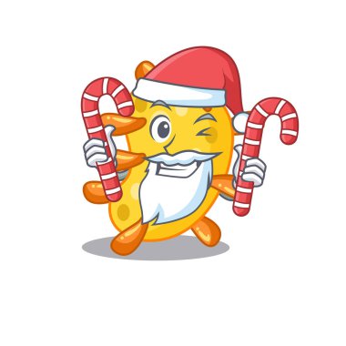 Santa Cartoon karakterindeki arkadaş canlısı vibrio Noel şekeri saklar. Vektör illüstrasyonu