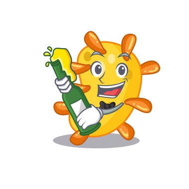 Vibriyonun maskot karakter tasarımı bir şişe birayla şerefe diyor. Vektör illüstrasyonu