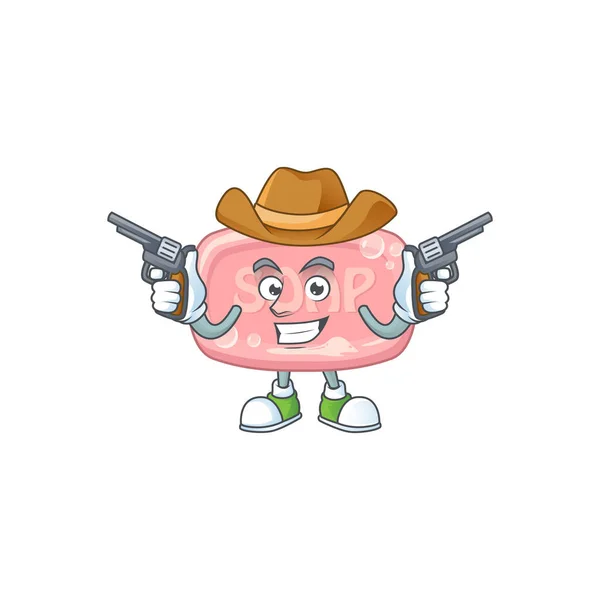 Personagem Desenho Animado Cowboy Sabão Rosa Segurando Armas Ilustração Vetorial —  Vetores de Stock