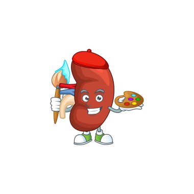 Sağ insan böbrek karikatürünü fırçayla çizen sanatçı. Vektör illüstrasyonu