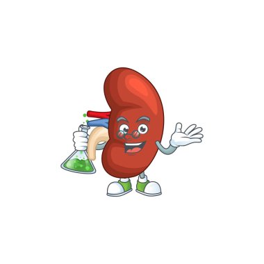 Sağ insan böbreği dehası Profesör Çizgi Film karakteri elinde cam tüp tutuyor. Vektör illüstrasyonu